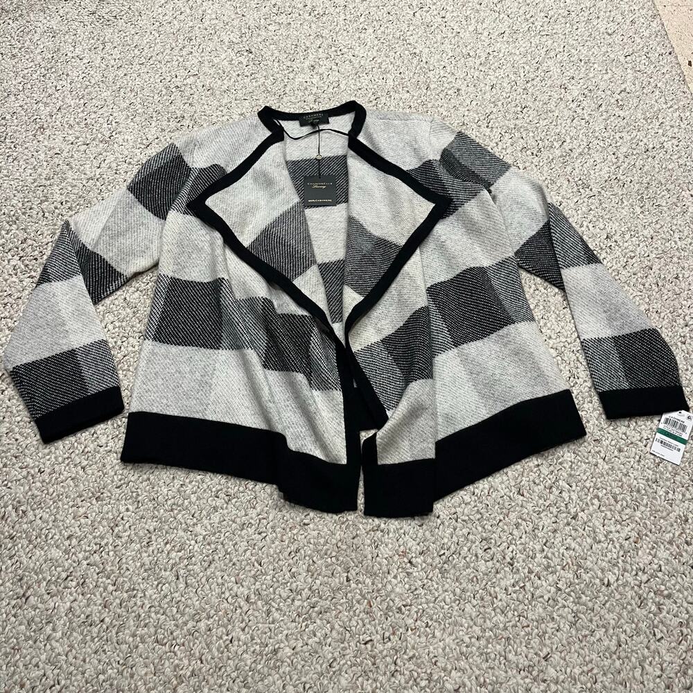 NEW Charter Club Cashmere Open Front Cardigan Plaid L Quiet Luxury Preppy Casual